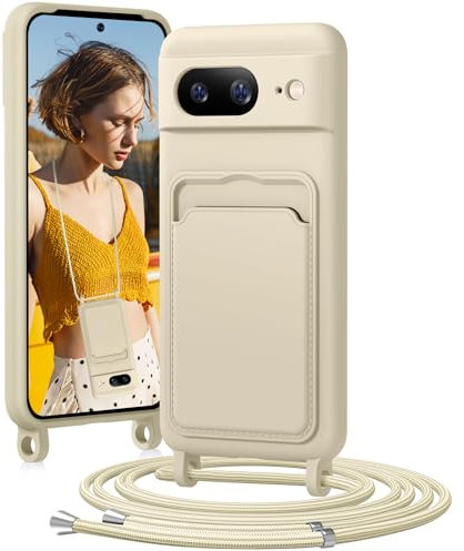 BENTIACC Handykette Silikon Hülle für Google Pixel 8 mit Band, Handyhülle mit Kartenfach, Abnehmbar Kordel Kette, Stoßfeste Schutzhülle für Google Pixel 8 (Beige)