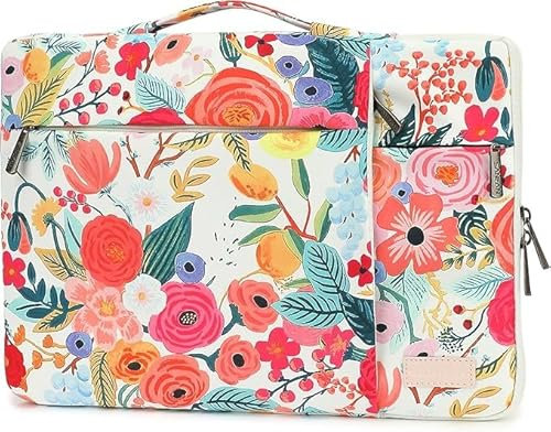 SANFAN 360 ° Laptoptasche, Schutzhülle mit 3 Taschen, Griff und Gepäckgurt, Motiv: Sonne, Mond und Sterne auf marineblauem Hintergrund (Watercolor Flowers, 31,8 cm-33,8 cm)
