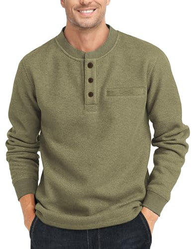 Zitysport Henley Hemd Herren Langarm - Casual Waffel Thermal Freizeithemd Mit 3-Knopf Classic T-Shirt Brusttasche Langarmshirt Pullover (Grün, 2XL)