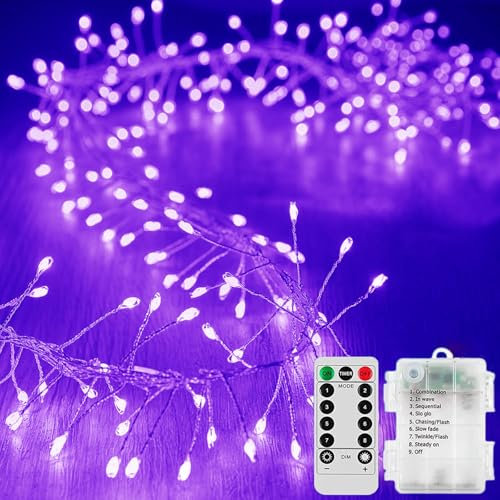 EONANT Feuerwerkskörper Lichterkette,12M 400LED batteriebetriebene wasserdichte Stern Cluster Kupferdraht String Lichter, 8-Modus-Fernbedienung für Weihnachten Schlafzimmer Partei (Lila)