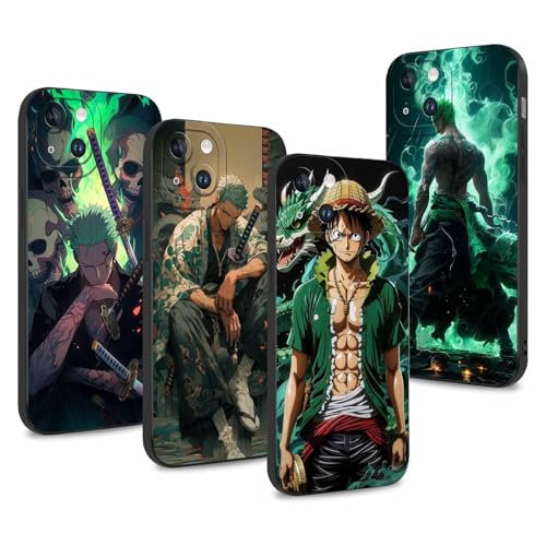 4 Pack Phone Case For iPhone 15 PRO MAX 6.7 inch, Anime Luffy Gear 5 Nika Zoro Sun God Cartoon Manga Pattern Shockproof Soft Aesthetics Design Full lens Protection Cover for Children Boy Girl, Black