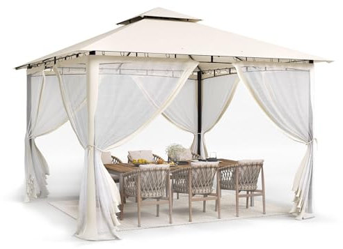 UDPATIO Pavillon 2,75x2,75m Wasserdicht Stabil Winterfest, Gartenpavillon mit Doppeldach, Moskitonetz und Metallrahmen, Doppeldach Gartenlaube für Garten, Terrassen, (Creme)
