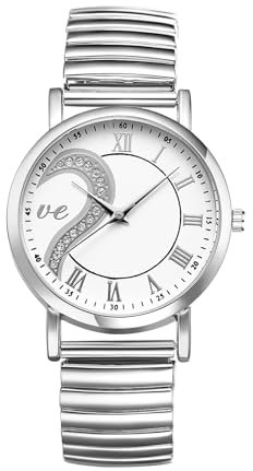 JewelryWe Damenuhr Herz Elastische Uhren: Strass Semi Herz Buchstaben Love Analog Quarz Armbanduhr Damen Silber Edelstahl Stretch Armband Uhr mit Zugarmband & Weiß Römischen Ziffern Zifferblatt