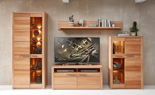 Wohnwand >Nature One< ca. 350x203x45 cm (B/H/T) aus Kernbuche teilmassiv mit LED-Beleuchtung und Softclose-Türen für modernes Wohnzimmer, 4-teilig mit TV-Schrank, Wandboard und Stauraumvitrinen
