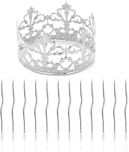 UDNFHL 1 Stück Metall -Geburtstagskrone, 12 Kurvenkerzen, Prinzessin Silberkopfschmuck, Kuchen -Topper, Geburtstagsfeierdekoration.