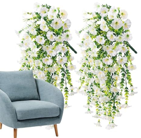 Paquete de 2 cestas colgantes de flores artificiales, flores artificiales colgantes al aire libre, guirnalda de petunia sintética realista para exteriores, hogar, boda, jardín, patio, decoración