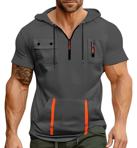 T Shirt Herren mit Kapuze Kurzarm Kapuzenpullover mits Taschen Kordelzug Sommer Kurz Hoodie Sport Tshirt Personalisierte Kapuzenshirt Freizeit Sweatshirt Atmungsaktives Sportshirt(Dark Gray,3XL)