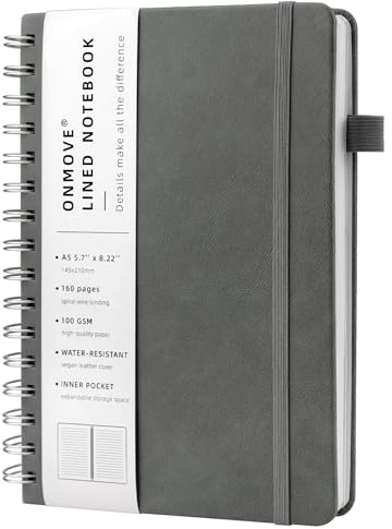 YUNAI Notizbuch A5 Spiralbindung, Notizblock Liniert 160 Seiten, PU Leder Hardcover Journal Buch, 100gsm Tintenfestes Papier, Elastisch Gebändert, Innentasche für Schule Arbeit Zeichnen, Grau