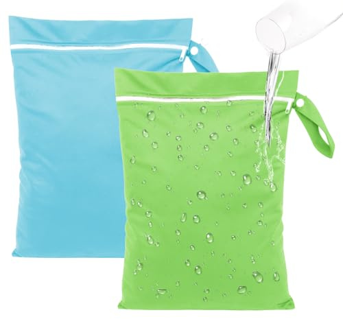 Deepton 2 Stück Nassbeutel 40 x 30 cm, Wasserdicht Wetbag Schwimmsachen | Nasstasche mit Reißverschluss, Wiederverwendbar Reise Wäschesack für Badeanzüge, Strandtücher, Windeln, Blau & Grün