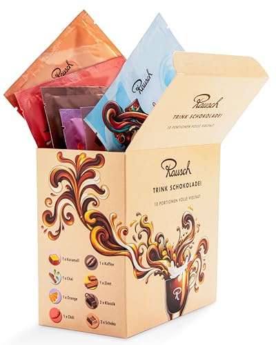 Rausch Trinkschokolade Mixbox 250g, 10 Beutel in 8 Sorten | heiße Schokolade, Karamell, Chai, Kaffee und Orange, verfeinerte Spezialitäten, für kalte Wintertage
