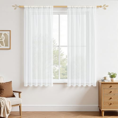MRTREES Gardinen Weiß Vorhang Kurz H 170 x B 140 cm 2er Set, Voile Gardine mit Stangendurchzug für Wohnzimmer Schlafzimmer Modern Halbtransparent Fenster Transparent Stores