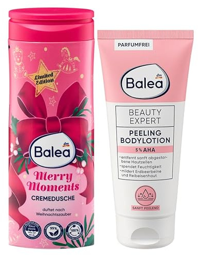 Balea 2er-Set Hautpflege: Duschgel Merry Moments mit Weihnachtsduft auch für empfindliche Haut, 300 ml + Peeling Bodylotion Beauty Expert 5% AHA entfernt sanft abgestorbene Hautzellen, 200 ml (500 ml)