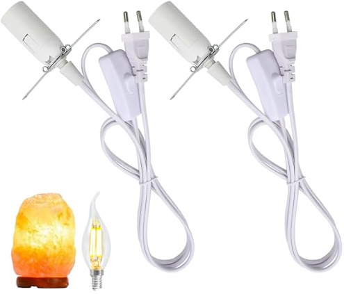 2 Pièces E14 Douille avec Câble 1,8m Interrupteur Lampe de Sel & Lampes DIY | Blanc Adaptateur Douille Lampe E14 avec Câble et Prise Européenne avec Support Métallique 230V 2A