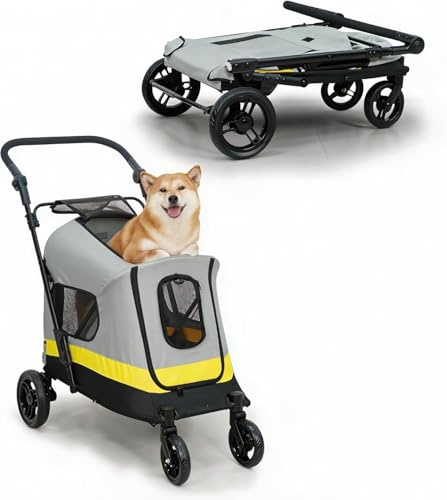 BingoPaw Faltbarer Hundebuggy Hundewagen für kleine mittelgroße Hunde Welpen Katzen bis 30kg, klappbar Hundetrolley mit 4 Räder, 3 Netzfenster, verstellbarer Griff, Sicherheitsgurt