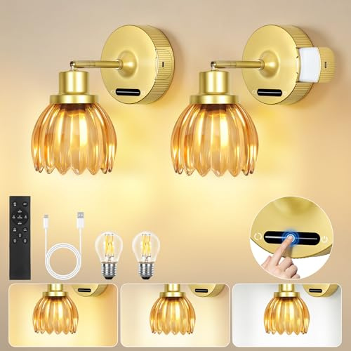 OUTON Wandleuchte Innen Akku, Wandlampe Innen Gold mit orangem Glas 8000mAh, Kabellose LED Wandleuchte ohne Stromanschluss, Touch Fernbedienung, 3 Farbtemperaturen, Dimmbar für Schlafzimmer Flur