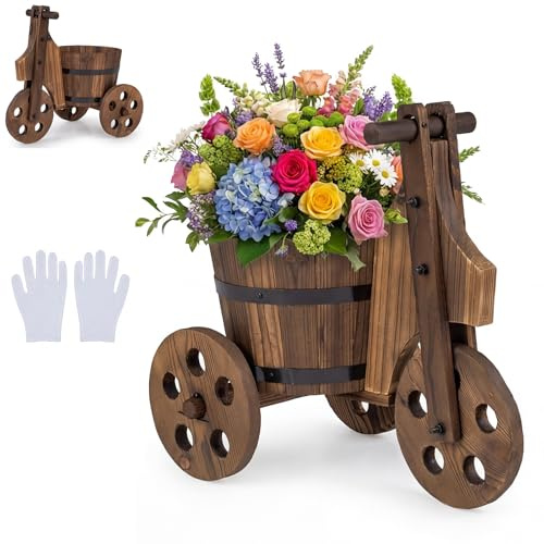 HOMASIS Dreirad Pflanzwagen mit 3 Rädern, Holz Blumentopf Blumenkasten mit Drainagelöcher & Handschuhe, Fassform Gartendeko für Innen & Außen, Gartenwagen für Garten Balkon Terrasse (47x32x43,5cm)