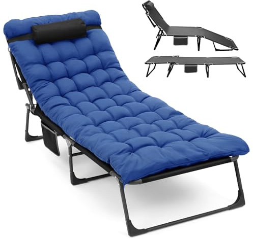 Warmiehomy Übergroße Campingbett, Sonnenliege mit Matratze & Kissen bis 200 kg, 4-Fach verstellbare Rückenlehne, Klappbares Bett, Angelstuhl, Campingbett für Garten, Strand, Sonnenbaden, Reisen, Blau