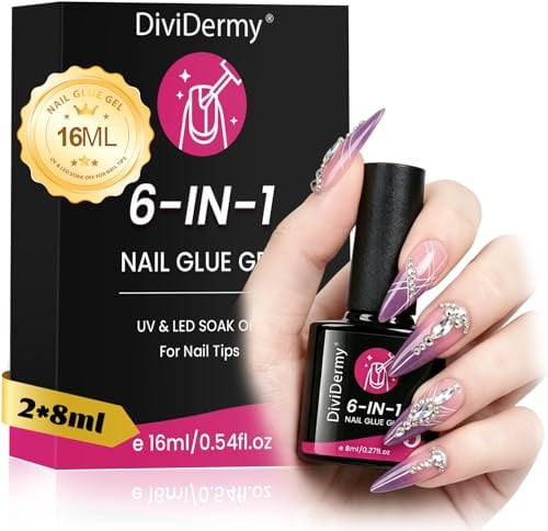 2X8ml Colla Unghie UV Gel 6 in 1 Professionale, Colla per Unghie Finte Extra Forte e Trasparente, 2X8ml Gel Glue Nails UV per Ricostruzione, Nail Glue Gel UV a Lunga Durata