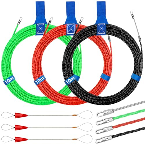 3 Pièces Aiguille Electricien, 10m Tire Fils Electrique 4mm Diamètre Aiguille Tire Fil, Tire Cable Électrique avec 6 Tête Flexible de Guidage, Aiguille Passe Cable, Vert, Rouge, Noir, Bleu