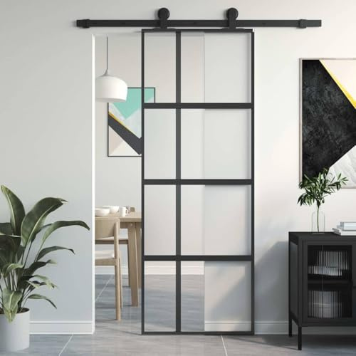 LoogCape Puerta corredera negra de 76 x 205 cm de vidrio templado y aluminio mate transparente con línea vertical para empotrar, marco de puerta con sistema de herraje, paso de puerta