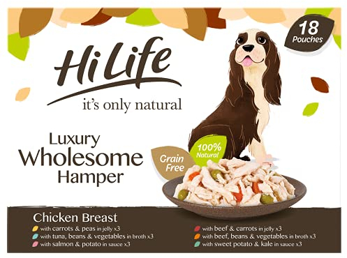 HiLife it's only natural Wet Dog Food - The Luxury Wholesome Hamper with Chicken Breast, Tuna, Salmon, Beef, Vegetables, Multipack of 36 Pouches x 100g