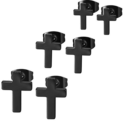JewelryWe Kreuz Ohrstecker Ohrringe aus Edelstahl: 3 Paar Schwarz Minimalistische Kruzifix Gestüt Ohrringe Unisex Kreuz Stecker Klein Schlicht Hypoallergen Ohrschmuck Mode Schmuck für Herren Damen