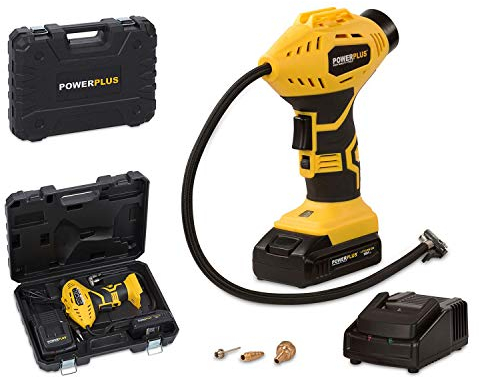 Powerplus POWX1700 Akku Kompressor - Druckluft Kompressor mit 18V und 8 bar Leistung - Inkl. 1 x 1,5 Ah Akku, Ladegerät mit Schnellladefunktion und weiteres Zubehör im Werkzeugkoffer