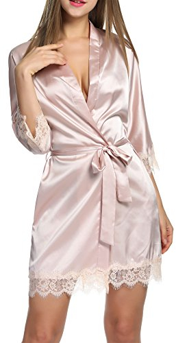 Balancora Damen Morgenmantel Bademantel Satin Sexy Kimono mit Taschen Kurz Robe mit Gürtel Nachthemd für Braut Nachtwäsche Mit Blumenspitze XL 1-a Champagner