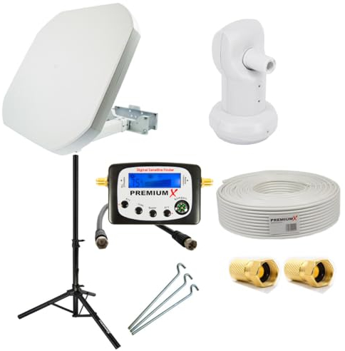 Premium X Satelliten Anlage Flat43 Flachantenne Single LNB Dreibein-Stativ Tripod 10m Antennen-Kabel 2X F-Stecker Sat-TV-Signalfinder