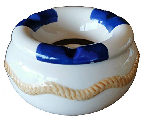 Land-Haus-Shop Wind Aschenbecher XL Sturmaschenbecher, Windascher mit Aufsatz Deckel Windaschenbecher Keramik (Rettungsring blau 11,7 x 6,0 cm)
