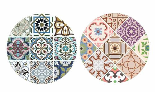 Set 2 Dessous de Plat Ronds 1, Motifs Carreaux de Ciment, Diamètre 20 cm