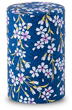 NOREN ] Boîtes à Thé Washi - Japonais 100g (Kyouzakura - Bleu marine) Boîte en métal/Hermétique et Anti-humidité, Double Couvercle