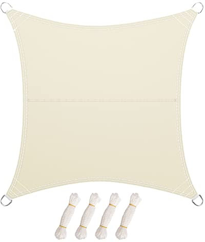 LARMNEE Sonnensegel, 3 x 3 m, Sonnenschutz inkl Befestigungsseilen, PES, Quadratisch, für Garten Balkon, Wetterschutz, Wasserabweisend, UV-Schutz, Reißfestigkeit, Outdoor, Beigeweiß EWH33SP02