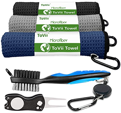 ToVii Golf Towel Microfiber Waffle Pattern Club Groove Cleaner Brush Foldable Divot Tool Golf Gifts Accessories Set