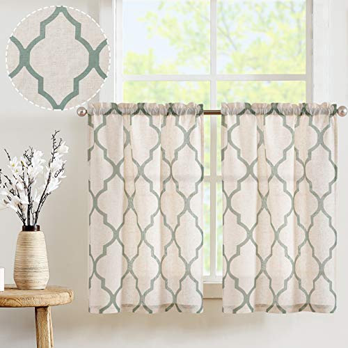 TOPICK Scheibengardine Sheer Vorhang Bistrogardine Leinen Optik Halb Transparent Gardine Gaze Paarig Schals Scheibengardinen Fensterschal für Küche Wohnzimmer Landhaus 2er-Set 65B x 90H (cm) Grün