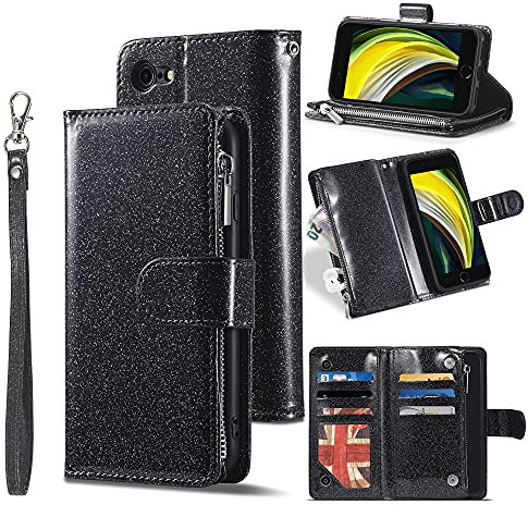 UEEBAI Wallet Case for iPhone 7/8/SE 2022 5G/SE 2020, Premium PU Leather Magnetic Handbag Zipper Kickstand Card Slots Wrist Strap Flip Cover for iPhone SE3/SE2 - Glitter Black
