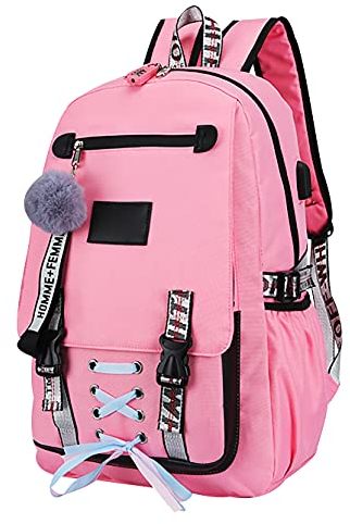OADOBKICE Laptop Rucksack Beutel Rucksack Jungen Schultasche Ergonomische Kinder Schultasche Schüler Schultasche Komfortable Schultasche College Studenten Rucksack Tagesrucksack Schwarz Rosa M