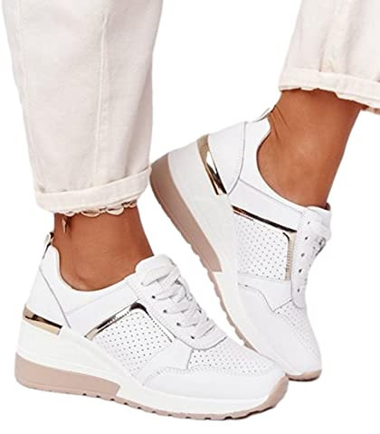 Gereton Chaussures De Marche Pour Femmes Baskets À Talon Compensé Et Semelle Épaisse Athlétiques Course Décontractées En Maille Respirante Le Tennis, La Gym, Pied, Blanc, 43 EU