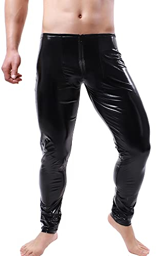QiaTi Herren Kunstlederhose Leggings mit Reißverschluss Strumpfhosen Lackleder Schwarz Hose Tight