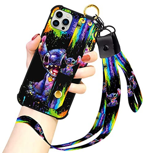 cuwana Cartoon Case for iPhone 13 Pro Max Case 6.7 Inch Cute Colorful Stitch Cartoon Character Design with Lanyard Wrist Strap Band Holder Shockproof Protection Bumper Kickstand Cover
