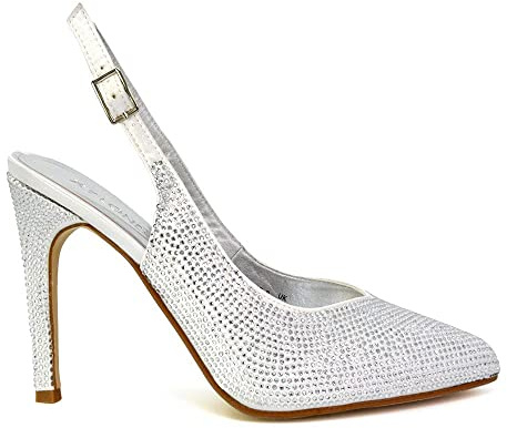Womens Bridal Shoes Satin Diamante Ladies Slingback Party Point Toe Court Shoes Size 3-8 White