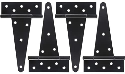 Lot de 4 charnières de porte d'abri de jardin à sangle en T de 20,3 cm - Noires - Pour clôtures en bois, porte de cour, portails de porte de grange - Matériel forgé - Antirouille