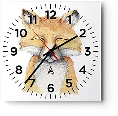 Modern Wanduhr Cartoon Fuchs Kind 40x40cm Quadrat Groß Wand Uhr Glas Analog Zimmeruhren Küche Büro Wohnzimmer Glasuhr Wall Clock Dekoration Design Wanddekoration Küchenuhr C4AC40x40-4878