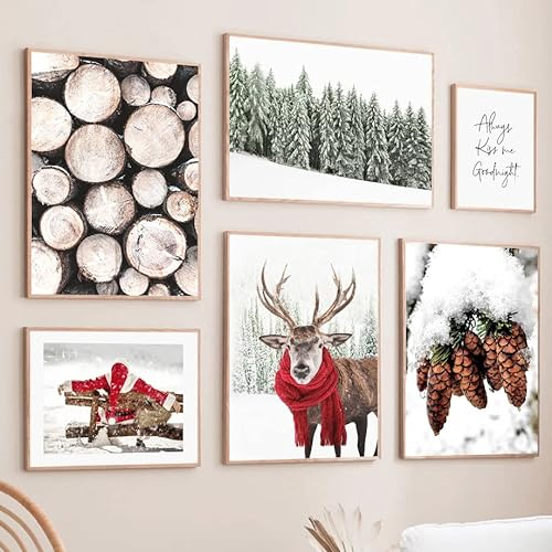 Bild auf Leinwand, Motiv: Winterschnee, Elch, Kiefer, Holz, Schneemann, Poster und Druck für moderne Weihnachtsdekoration (E,40 x 50 cm, ohne Rahmen)