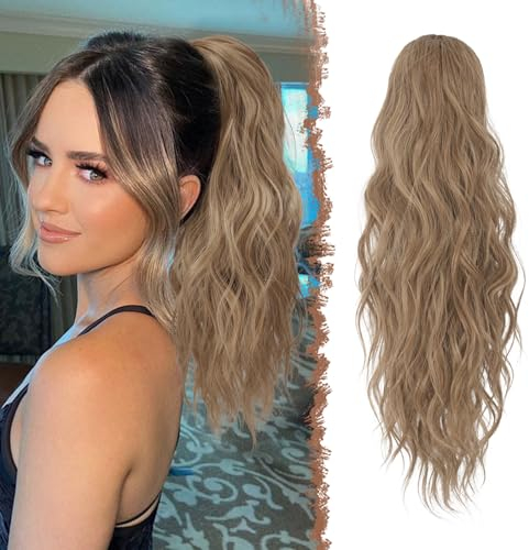 FESHFEN Pferdeschwanz Haarteil mit Kordelzug, 45 cm Wellen Zopf Pferdeschwanz Verlängerung Haare Extension Synthetik Lang Wellig Haarverlängerung für Damen, Hellbraune Mischung Natürliches Blond
