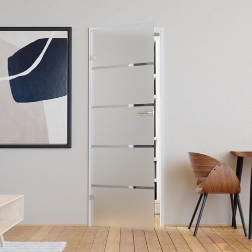 Glastür Komplettset mit Beschlag 959 x 1972 mm Milchglas Streifen - Glastüren aus ESG Glas 8mm satiniert - Innentür Glas mit Türgriff Edelstahl eckig mit Buntbart DIN links