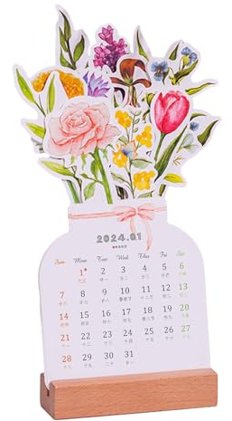 Teksome Schreibtischkalender 2024 Bloomy Flowers | Kreativer Blumen-Tischkalender | Vasenähnlicher Tischkalender Planer mit Holzsockel, Monatlicher Schreibtischplaner