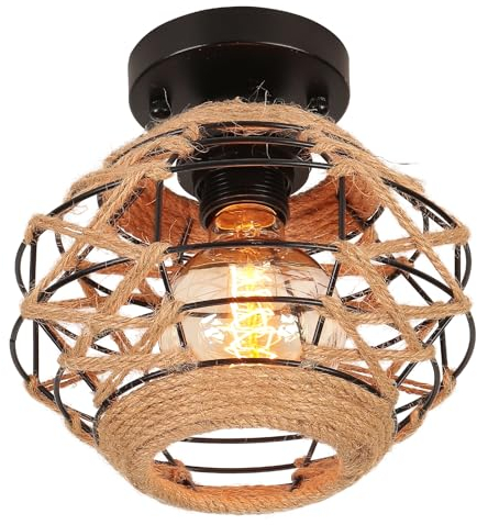 LIGKIN Vintage Boho Rattan Lampe Deckenleuchte Hängelampe, E27 Metalle Geflochten Lampenschirm Deckenlampe, Ø20CM Rustikal Industrielle Deckenleuchten für Schlafzimmer Kindergarten Flur Korridor