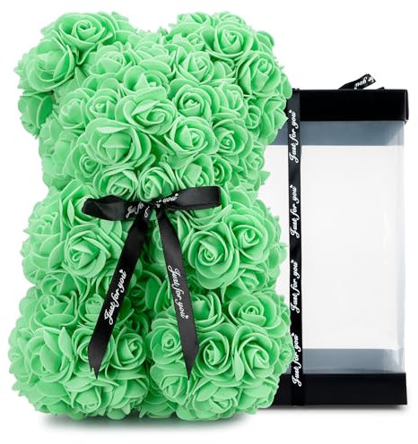 TANNESS 25cm Rose Bear with Transparent Gift Box & Black Ribbon, Rose Petals Teddy Bear Presents for Women, Artificial Flowers Rose Bear Valentines Gifts for Her - Gifts for Girlfriend (Turquoise)