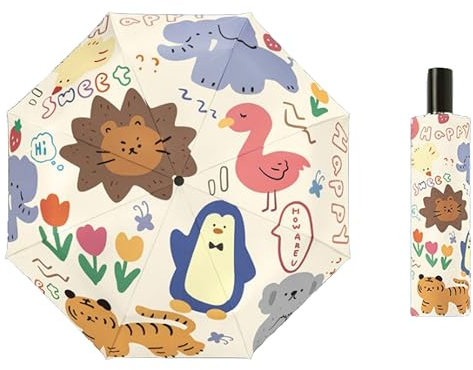ED-Lumos Taschenschirme für Kinder Manuell Öffnen und Schließen Winddicht Regenfest Leicht Kompakter Sonnenschirm Karikatur Blau Tiere Zoo Design